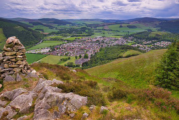 View down over Innerleithen towards Traquair