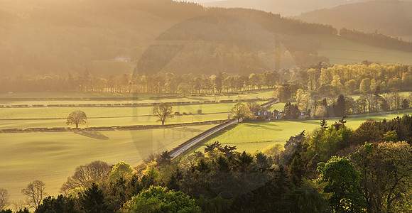 Late sun looking up the Tweed Valley over Velvet Hall