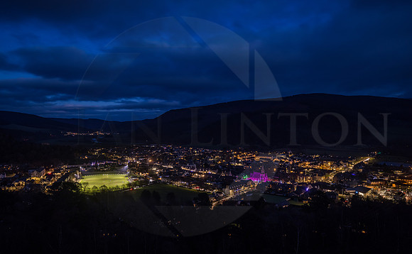 Innerleithen Christmas 2021 showing the new Football Lights at The Vale Pitch
